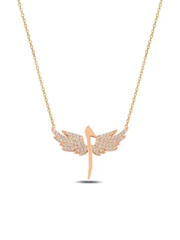 Zirkon Taşlı Rose Renk Kanatlı Elif Model Kadın Gümüş Kolye GKLKNTLELF1-ROS