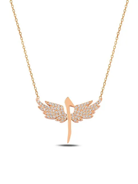 Zirkon Taşlı Rose Renk Kanatlı Elif Model Kadın Gümüş Kolye GKLKNTLELF1-ROS
