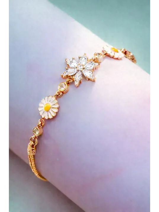 Altın Kaplama Nergis Çiçeği Zirkon Taşlı Gümüş Bileklik-Mor