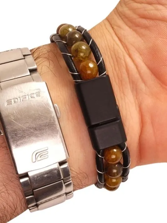 Erkek Kahverengi Akik Doğal Taş Deri Bileklik