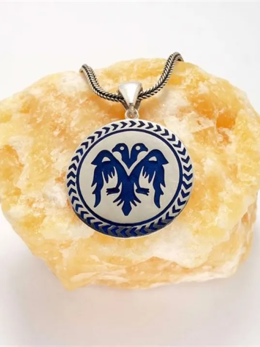 Çift Başlı Selçuklu Kartalı Mavi Renk Erkek Gümüş Kolye Zincir