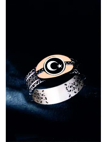 Erkek Gümüş Yüzük - Ay Yıldız Bayrak İşlemeli Siyah Zirkon Taşlı İnce Kibar Erkek Yüzüğü