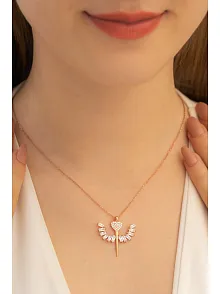 Kadın Gümüş Kolye - Zirkon Taşlı Rose Kalpli Mikailin Kılıcı Model 2 Kadın Gümüş Kolye