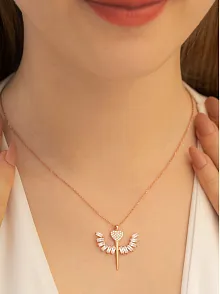 Kadın Gümüş Kolye - Zirkon Taşlı Rose Kalpli Mikailin Kılıcı Model 2 Kadın Gümüş Kolye