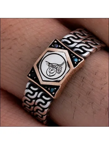 Erkek Gümüş Yüzük - Osmanlı Tuğrası Siyah Taşlı Gümüş Erkek Yüzüğü