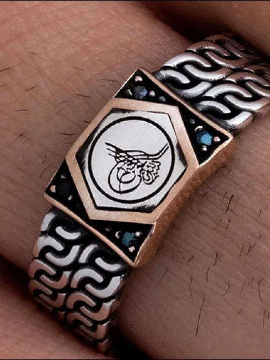 Erkek Gümüş Yüzük - Osmanlı Tuğrası Siyah Taşlı Gümüş Erkek Yüzüğü