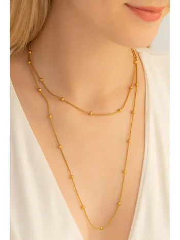 Kadın Çelik Kolye - Toplu Zincir Çift Dolamalı Altın Kaplama Çelik Kolye