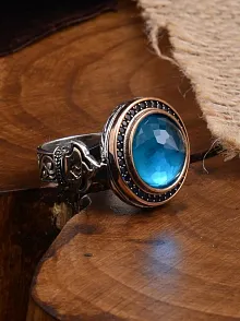 Blue Topaz Aqua Marin Taşlı Kubbe Model Yanı Teşkilat-ı Mahsusa İşlemeli Erkek Gümüş Yüzük