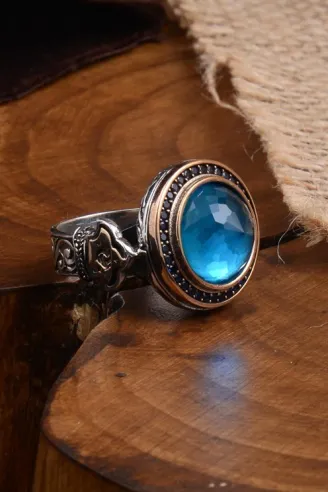 Blue Topaz Aqua Marin Taşlı Kubbe Model Yanı Teşkilat-ı Mahsusa İşlemeli Erkek Gümüş Yüzük