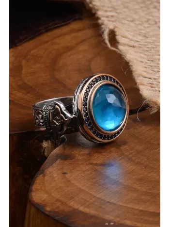 Blue Topaz Aqua Marin Taşlı Kubbe Model Yanı Teşkilat-ı Mahsusa İşlemeli Erkek Gümüş Yüzük