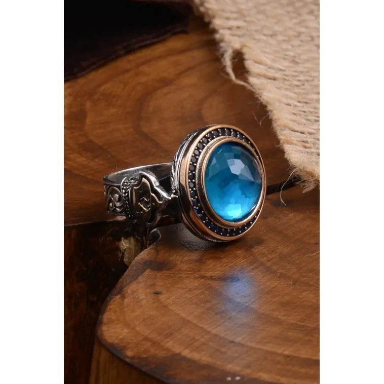 Blue Topaz Aqua Marin Taşlı Kubbe Model Yanı Teşkilat-ı Mahsusa İşlemeli Erkek Gümüş Yüzük Blue Topaz Aqua Marin Taşlı Kubbe Model Yanı Teşkilat-ı Mahsusa İşlemeli Erkek Gümüş Yüzük