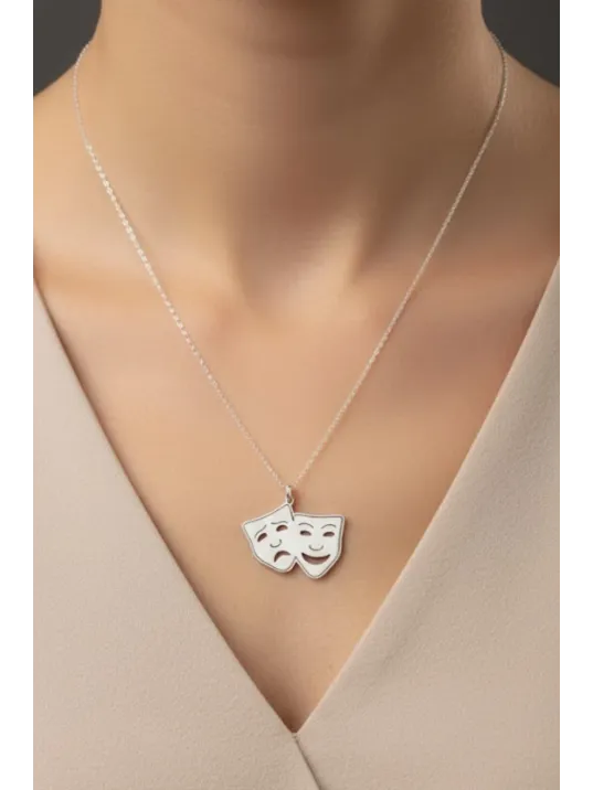 Kadın Gümüş Kolye - Tiyatro Maske Ağlayan Gülen Surat Yüz 925 Ayar Gümüş Hayalet Kolye