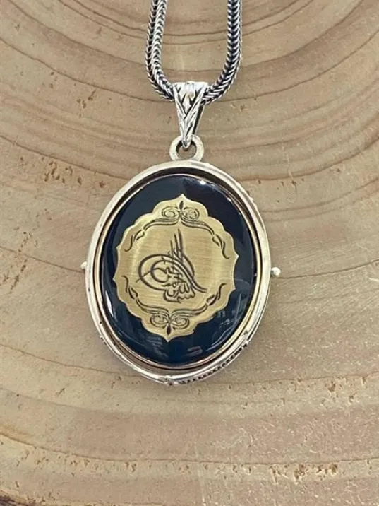 Erkek Çift Taraflı Ayyıldız ve Tuğra Figürlü Gümüş Kehribar Kolye