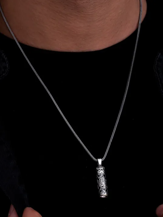 Hatlı Gümüş Erkek Cevşen Muska Kolye Zincir