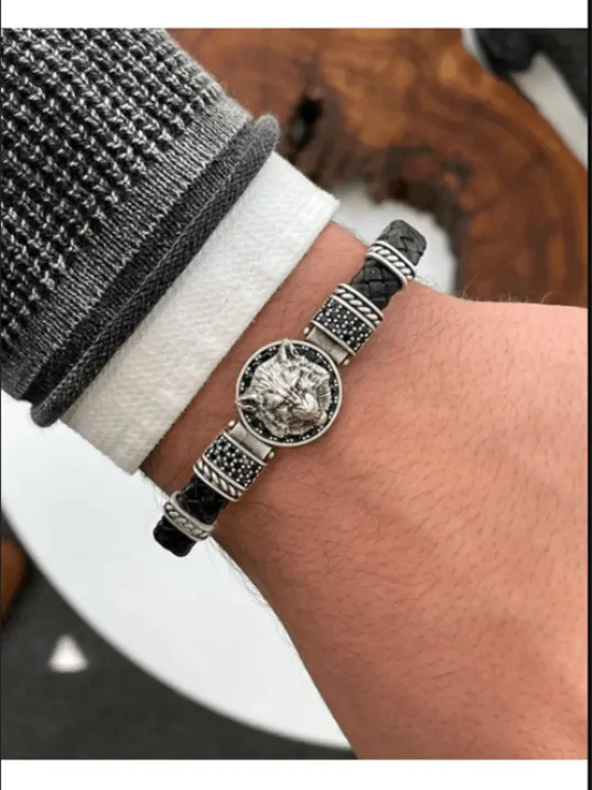 Erkek Bileklik - Deri Erkek Bileklik - Erkek Bileklik - Kurt Başı Model