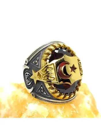 Kırmızı Zirkon Taşlı Ay Yıldız Erkek Gümüş Yüzük Kırmızı Zirkon Taşlı Ay Yıldız Erkek Gümüş Yüzük