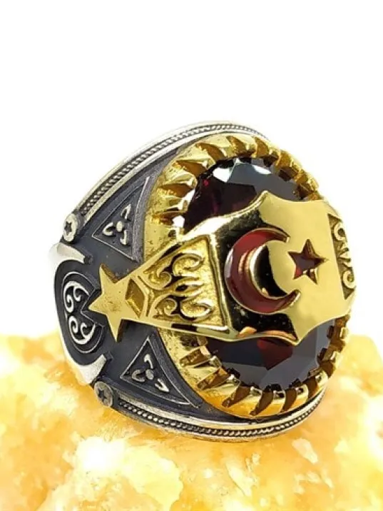 Kırmızı Zirkon Taşlı Ay Yıldız Erkek Gümüş Yüzük