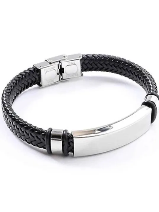 İsimli Deri Çelik Erkek Bileklik Deri Örgülü Model