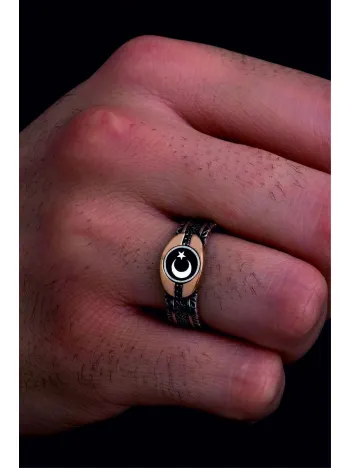 Erkek Gümüş Yüzük - Ay Yıldız Bayrak İşlemeli Siyah Zirkon Taşlı İnce Kibar Erkek Yüzüğü