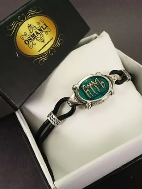 Türk Yazılı Erkek Deri Gümüş Bileklik Yeşil Mineli Otantik Model