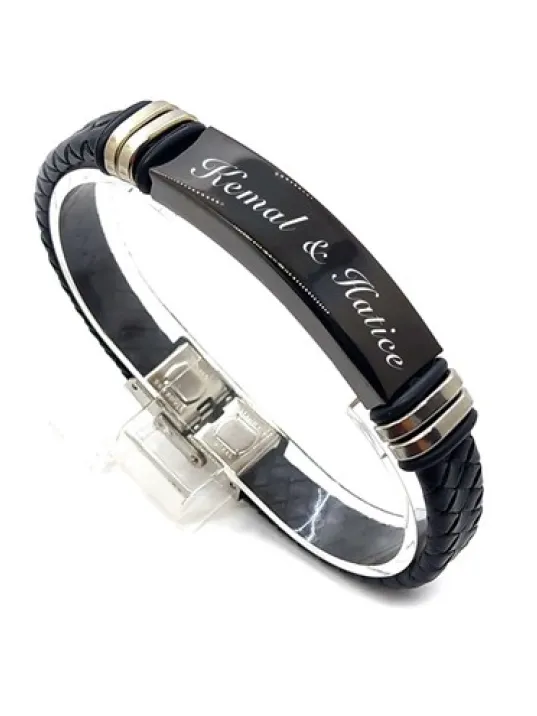 Kişiye Özel İsim Yazılan Çelik Deri Erkek Bileklik