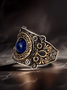 Erkek Lapis Taşlı Kalem İşlemeli Zirkon Taşlı 925 Ayar Gümüş Yüzük