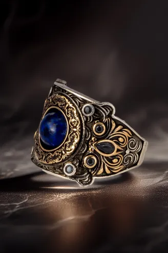 Erkek Lapis Taşlı Kalem İşlemeli Zirkon Taşlı 925 Ayar Gümüş Yüzük