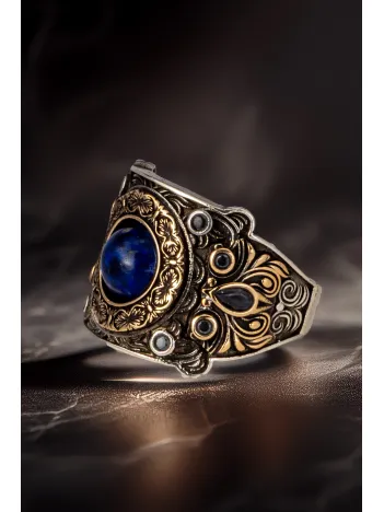 Erkek Lapis Taşlı Kalem İşlemeli Zirkon Taşlı 925 Ayar Gümüş Yüzük