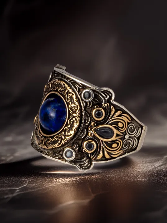 Erkek Lapis Taşlı Kalem İşlemeli Zirkon Taşlı 925 Ayar Gümüş Yüzük