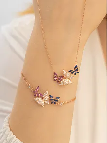 Kadın Gümüş Kolye Bileklik Set - Rose Kelebek Model Gümüş Kolye Bileklik Set