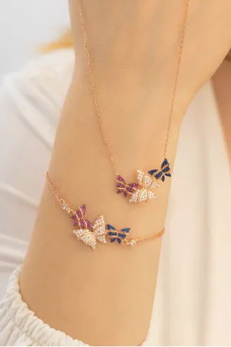 Kadın Gümüş Kolye Bileklik Set - Rose Kelebek Model Gümüş Kolye Bileklik Set