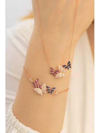 Kadın Gümüş Kolye Bileklik Set - Rose Kelebek Model Gümüş Kolye Bileklik Set