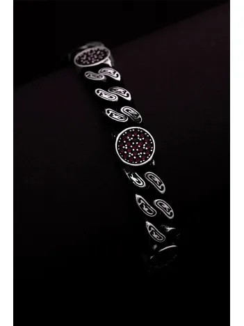 Erkek Gümüş Bileklik - Kırmızı Zirkon Taşlı Geometrik Şekilli Oksitli Gurmet Model 3 Gümüş Bileklik