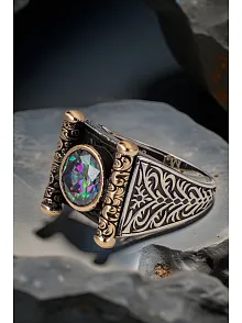 Erkek Mistik Topaz Taşlı Kitap Motifli 925 Ayar Gümüş Yüzük