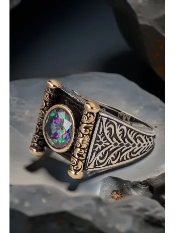 Erkek Mistik Topaz Taşlı Kitap Motifli 925 Ayar Gümüş Yüzük