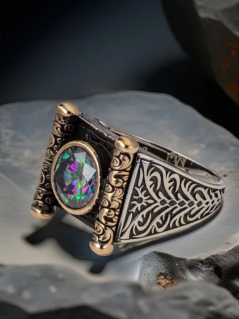 Erkek Mistik Topaz Taşlı Kitap Motifli 925 Ayar Gümüş Yüzük