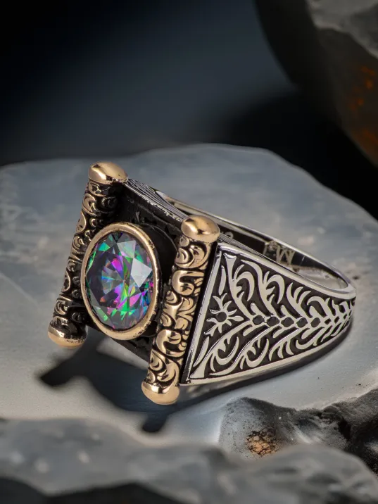 Erkek Mistik Topaz Taşlı Kitap Motifli 925 Ayar Gümüş Yüzük