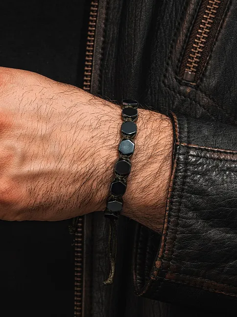 Erkek Kadın Doğal Taş Bileklik - Siyah Hematit Doğal Taşlı Yeşil Makrome Model Unisex Bileklik
