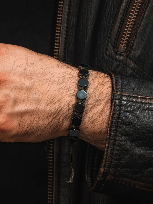 Erkek Kadın Doğal Taş Bileklik - Siyah Hematit Doğal Taşlı Yeşil Makrome Model Unisex Bileklik