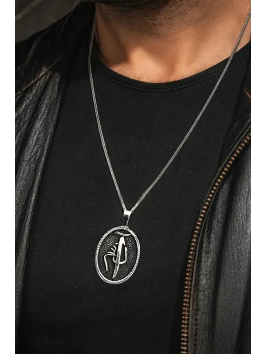 Erkek Gümüş Kolye - Oval Elif Lam Mim Model Tilki Kuyruğu Zincir Erkek Gümüş Kolye