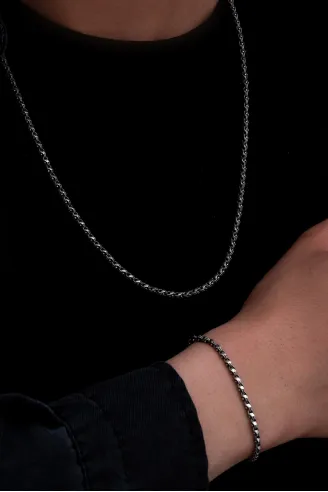 Erkek Gümüş Kolye Bileklik Set - 3mm Pullu Arnavut Zinciri Gümüş Kolye Bileklik Set