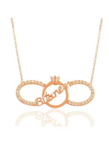 Bitanem Yazılı Sonsuzluk Ve Tektaşlı Altın Rengi Bayan Gümüş Kolye