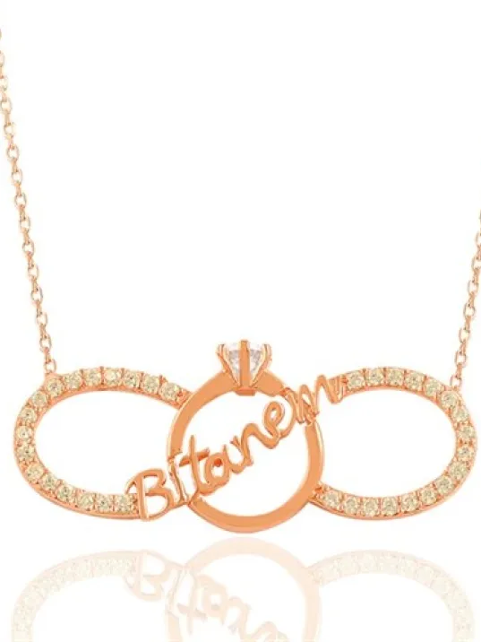 Bitanem Yazılı Sonsuzluk Ve Tektaşlı Altın Rengi Bayan Gümüş Kolye