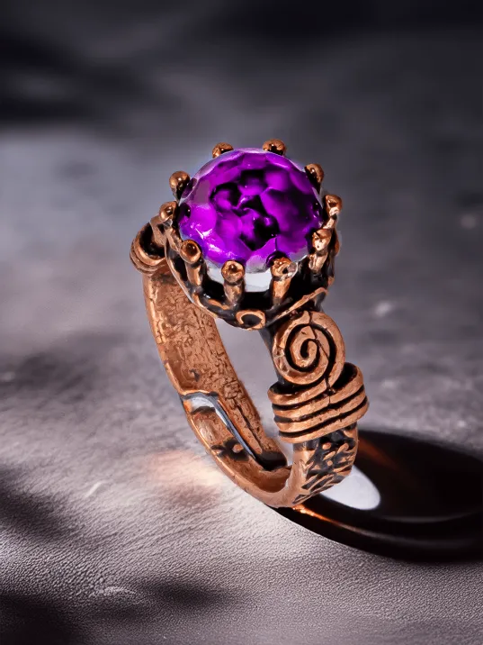 Kadın Bakır Bileklik Yüzük Set - Ametist Taşlı Ağaç Kabuğu Model İnce Metal Kutu Kuvars Taşlı Set