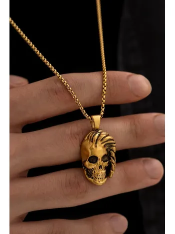 Erkek Kolye - Saçlı Kurukafa Model Erkek Çelik Kolye - 316 L Paslanmaz Çelik Kolye