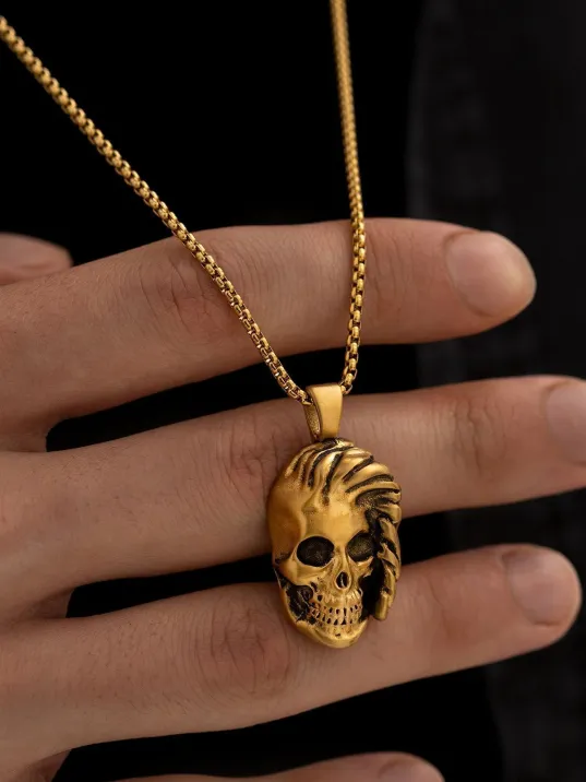 Erkek Kolye - Saçlı Kurukafa Model Erkek Çelik Kolye - 316 L Paslanmaz Çelik Kolye