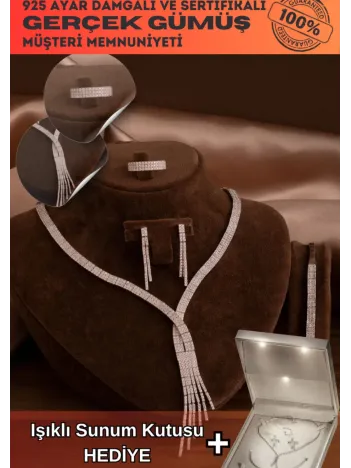 Kadın Gümüş Takı Seti - Sedef Zirkon Taşlı Kolye, Bileklik, Yüzük, Küpe Tam Set