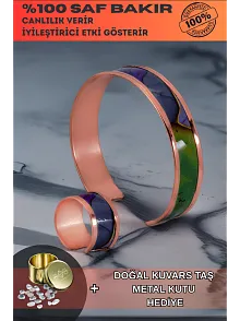 Kadın Bakır Bileklik Yüzük Set - Laura Model Özel Baskı Metal Kutu Ve Kuvars Taşı