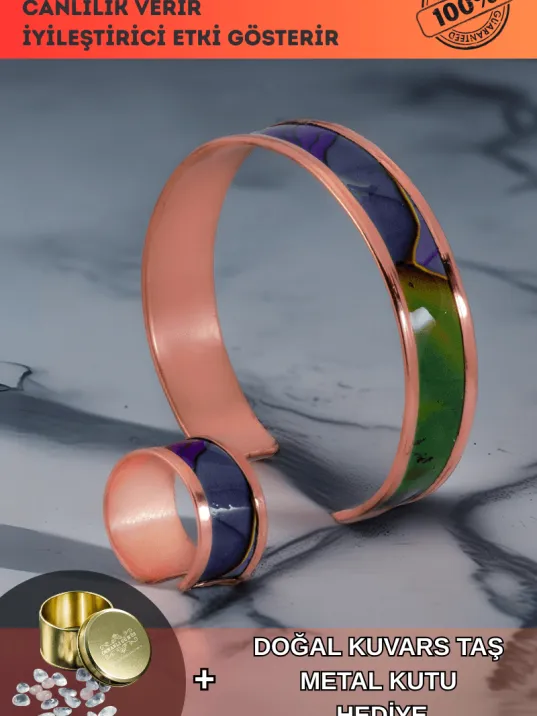 Kadın Bakır Bileklik Yüzük Set - Laura Model Özel Baskı Metal Kutu Ve Kuvars Taşı Kadın Bakır Bileklik Yüzük Set - Laura Model Özel Baskı Metal Kutu Ve Kuvars Taşı