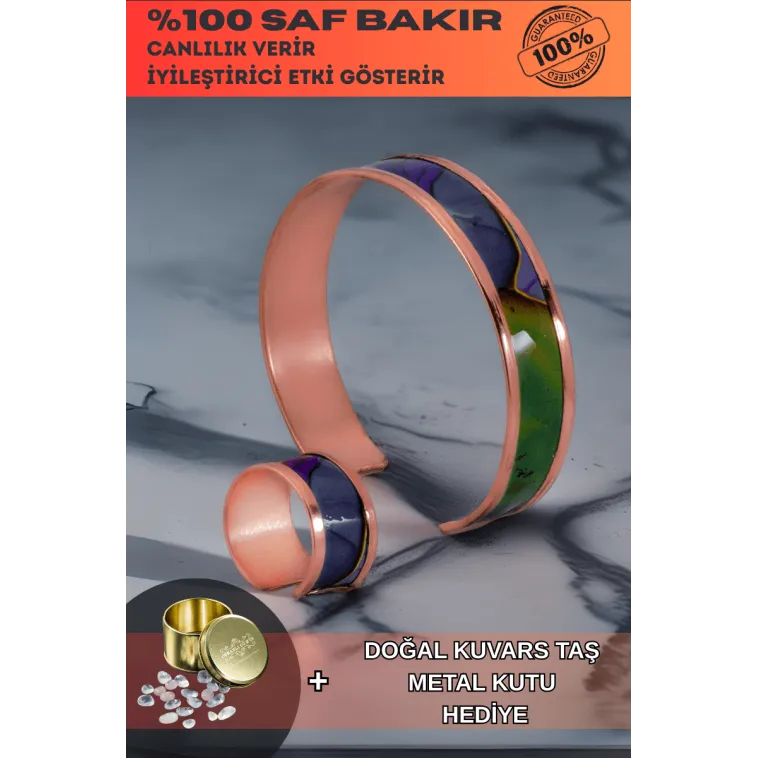 Kadın Bakır Bileklik Yüzük Set - Laura Model Özel Baskı Metal Kutu Ve Kuvars Taşı Kadın Bakır Bileklik Yüzük Set - Laura Model Özel Baskı Metal Kutu Ve Kuvars Taşı
